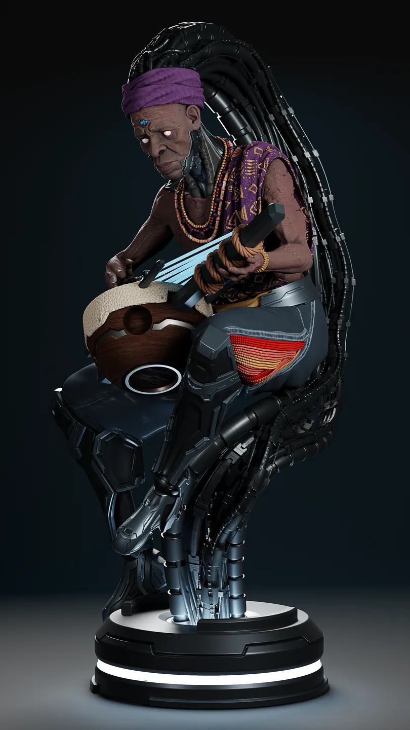 Escultura 3D de um griô africano tocando kora, iluminação de estúdio.