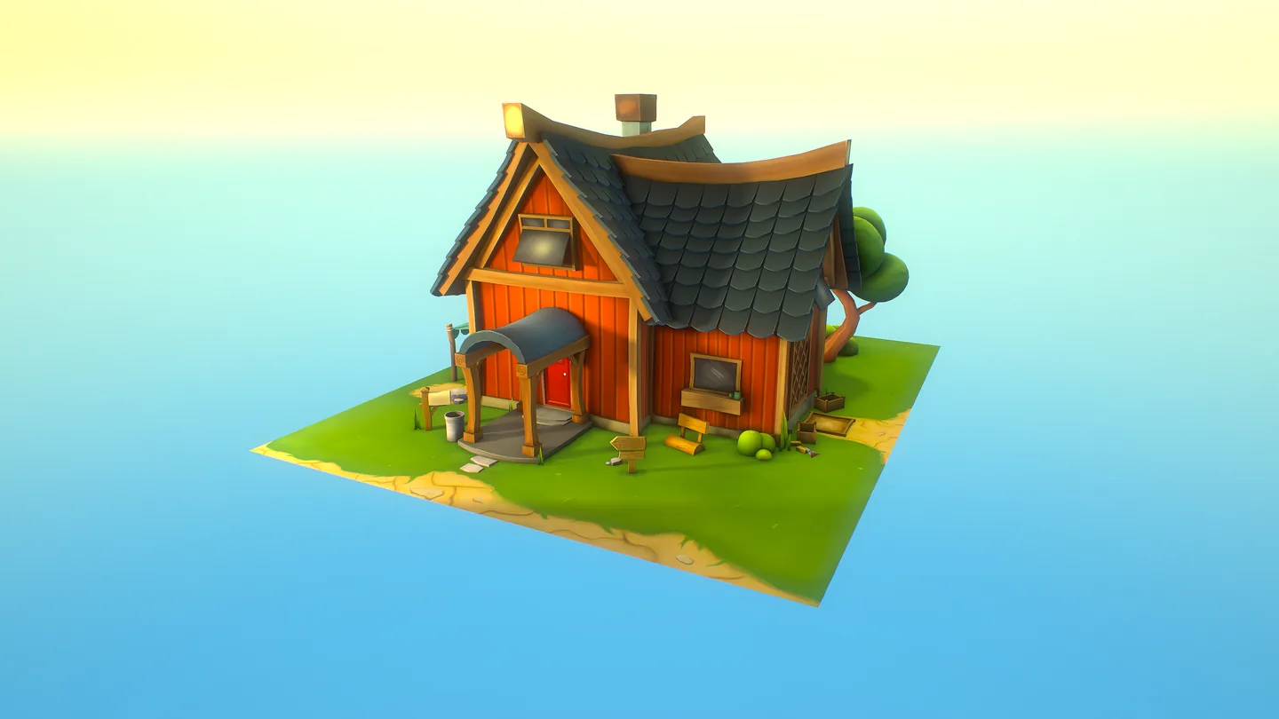 Diorama 3D de uma casinha estilizada numa ilhota gramada.