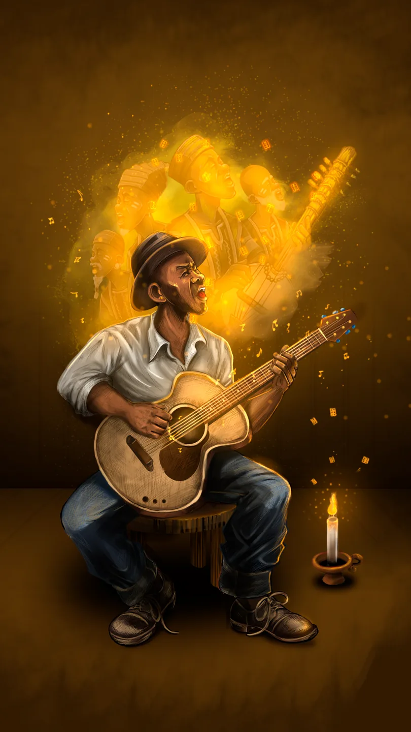 Pintura de um músico tocando violão cercado por chamas douradas.