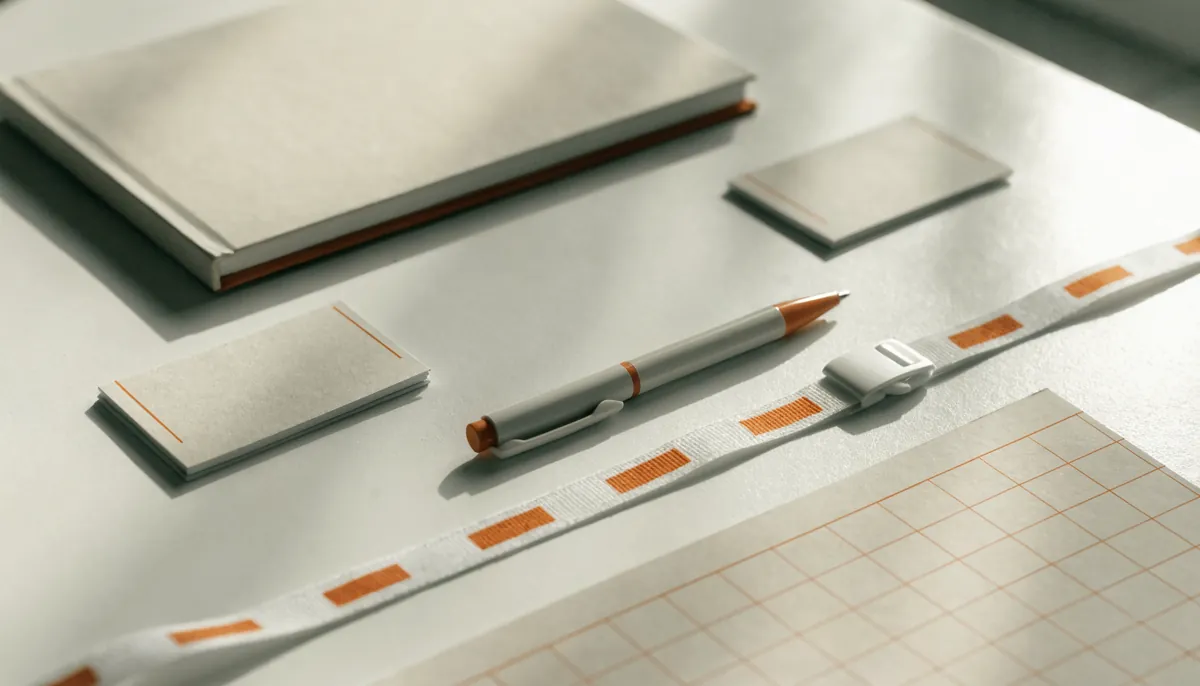 Kit de papelaria de marca visto de cima, com detalhe laranja