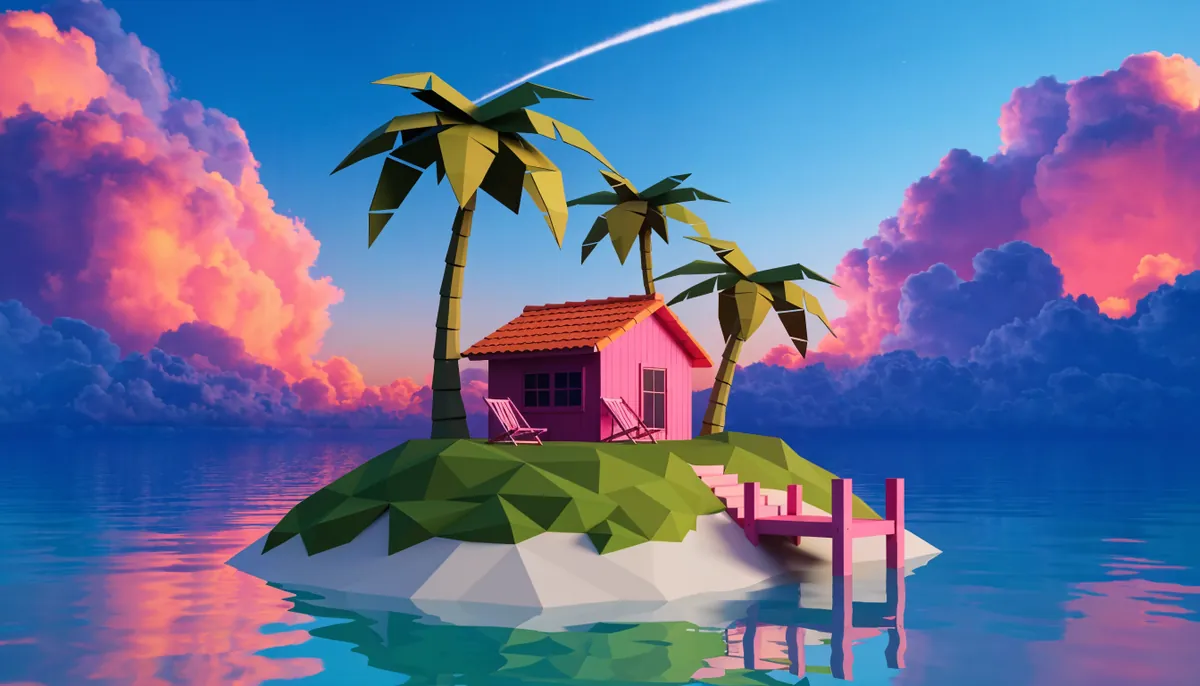 Ilha lowpoly com casa rosa e palmeiras ao pôr do sol
